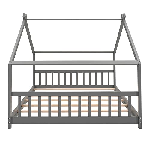 P PURLOVE Full Size House Bed for Kids, Teens,Wood Platform Bed with Headboard and Footboard,Toddlers House Floor Bed with Roof and Slat, No Box Spring Need,Espresso Bed Frame,Gray Bed Frame