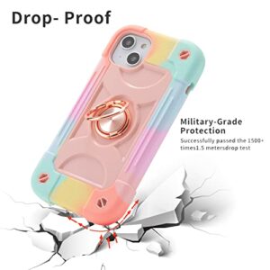 MARKILL Compatible with iPhone 14 Plus Case 6.7 Inch with Ring Stand, Military Grade Drop Protection Full Body Rugged Heavy Duty Protective Cover for iPhone 14 Plus. (Rainbow Pink)