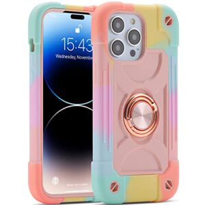 markill compatible with iphone 14 pro case 6.1 inch with built-in ring stand, military grade drop protection full body rugged heavy duty case 3 in 1 protective durable cover. (rainbow pink)