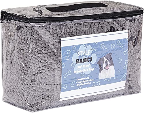 Style Basics Dog Mat for Muddy Paws - Anti-Slip Absorbent Door Rugs for Dogs - Easy to Clean Indoor & Outdoor Pet Mud Mats - 60" X 20" (Low Profile), Dark Grey