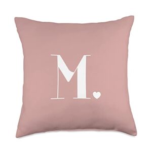 cute monogram letter design pastel pink cute letter m initial heart monogram throw pillow, 18x18, multicolor