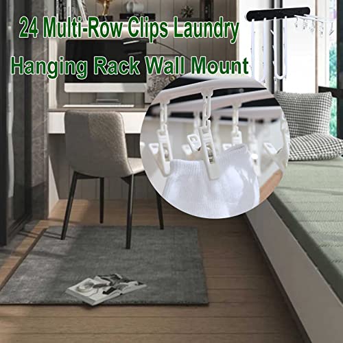 HZXMKB Closet Organizer Wall Mounted Clothes Drying Rack,Laundry Drying Rack Wall Mount,Foldable Drying Socks 24 Multi-Row Clips,Small Clothes for Balcony Railings, Folding Bathroom Towel Rack