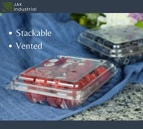 JAK Industrial 42 Pack - 6 Ounce Clear Plastic Vented Berry Containers with Clamshell Lids - For Blueberries, Raspberries, Blackberries