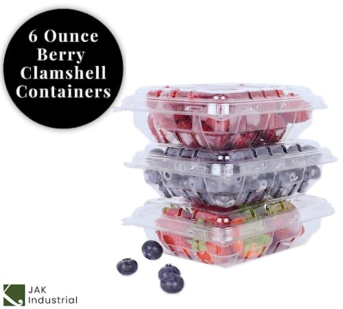 JAK Industrial 42 Pack - 6 Ounce Clear Plastic Vented Berry Containers with Clamshell Lids - For Blueberries, Raspberries, Blackberries