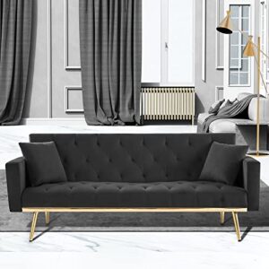 velvet sofa with 2 throw pillows,chesterfield sofa bed living room couch with 4 gold metal legs,w73" convertible folding upholstered couches,loveseat sofas for small spaces bedroom apartment (black)