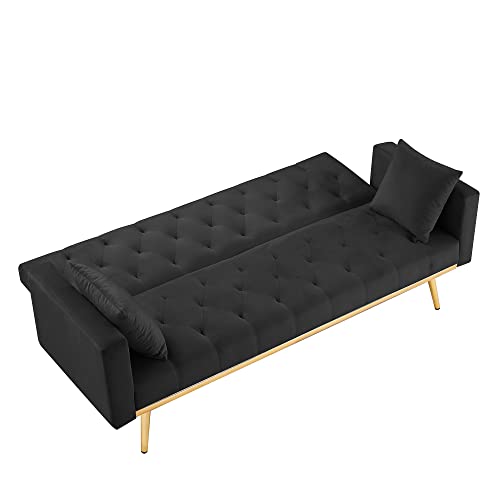 Velvet Sofa with 2 Throw Pillows,Chesterfield sofa Bed Living Room Couch with 4 Gold Metal Legs,W73" Convertible Folding Upholstered Couches,Loveseat sofas for small Spaces Bedroom Apartment (Black)