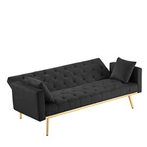 Velvet Sofa with 2 Throw Pillows,Chesterfield sofa Bed Living Room Couch with 4 Gold Metal Legs,W73" Convertible Folding Upholstered Couches,Loveseat sofas for small Spaces Bedroom Apartment (Black)