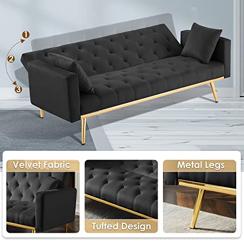 Velvet Sofa with 2 Throw Pillows,Chesterfield sofa Bed Living Room Couch with 4 Gold Metal Legs,W73" Convertible Folding Upholstered Couches,Loveseat sofas for small Spaces Bedroom Apartment (Black)