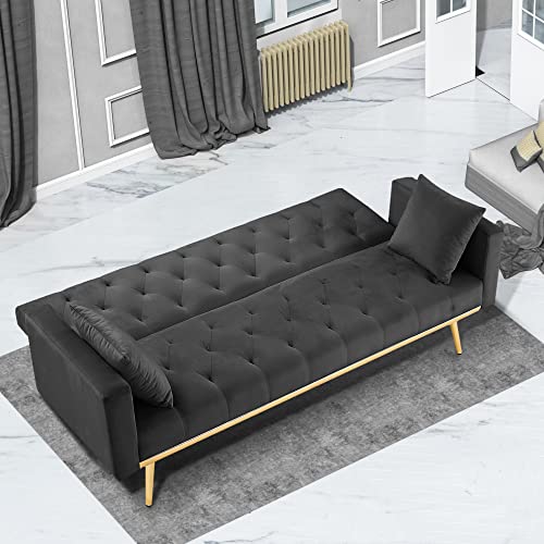 Velvet Sofa with 2 Throw Pillows,Chesterfield sofa Bed Living Room Couch with 4 Gold Metal Legs,W73" Convertible Folding Upholstered Couches,Loveseat sofas for small Spaces Bedroom Apartment (Black)