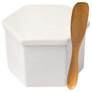 french butter crock w/lid & wood spreading knife - white modern butter keeper for counter - modern hexagon shape butter dish - stoneware butter crock - dishwasher safe butter storage