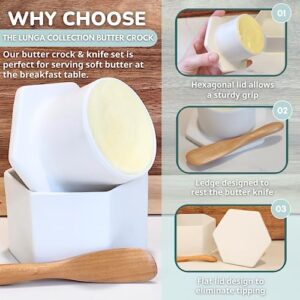 French Butter Crock w/Lid & Wood Spreading Knife - White Modern Butter Keeper for Counter - Modern Hexagon Shape Butter Dish - Stoneware Butter Crock - Dishwasher Safe Butter Storage