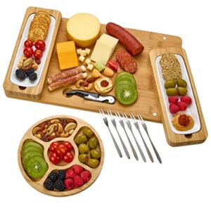 bamboo cheese board set - charcuterie boards serving platter - magnetic removable side boards - gift for housewarming, anniversary, and birthdays - total of 3 boards, 1 round tray, wine opener + forks