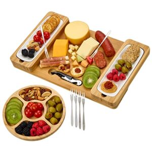 Bamboo Cheese Board Set - Charcuterie Boards Serving Platter - Magnetic Removable Side Boards - Gift for Housewarming, Anniversary, and Birthdays - Total of 3 Boards, 1 Round Tray, Wine Opener + Forks