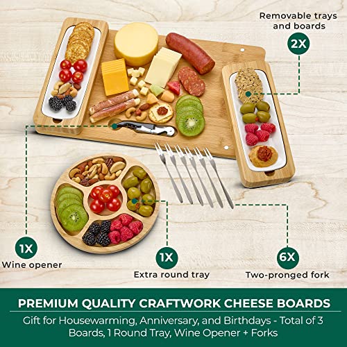 Bamboo Cheese Board Set - Charcuterie Boards Serving Platter - Magnetic Removable Side Boards - Gift for Housewarming, Anniversary, and Birthdays - Total of 3 Boards, 1 Round Tray, Wine Opener + Forks