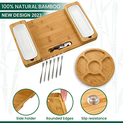 Bamboo Cheese Board Set - Charcuterie Boards Serving Platter - Magnetic Removable Side Boards - Gift for Housewarming, Anniversary, and Birthdays - Total of 3 Boards, 1 Round Tray, Wine Opener + Forks