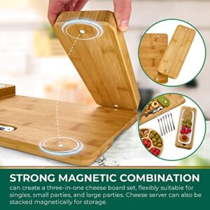 Bamboo Cheese Board Set - Charcuterie Boards Serving Platter - Magnetic Removable Side Boards - Gift for Housewarming, Anniversary, and Birthdays - Total of 3 Boards, 1 Round Tray, Wine Opener + Forks