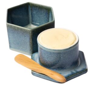 french butter crock w/lid & wood spreading knife - blue butter keeper for countertop - modern hexagon shape butter keeper - stoneware butter crock - dishwasher, oven & microwave safe butter storage