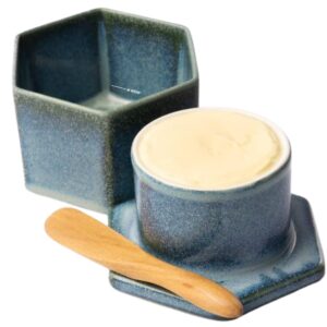 French Butter Crock w/Lid & Wood Spreading Knife - Blue Butter Keeper for Countertop - Modern Hexagon Shape Butter Keeper - Stoneware Butter Crock - Dishwasher, Oven & Microwave Safe Butter Storage