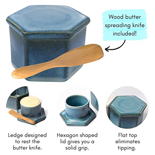 French Butter Crock w/Lid & Wood Spreading Knife - Blue Butter Keeper for Countertop - Modern Hexagon Shape Butter Keeper - Stoneware Butter Crock - Dishwasher, Oven & Microwave Safe Butter Storage