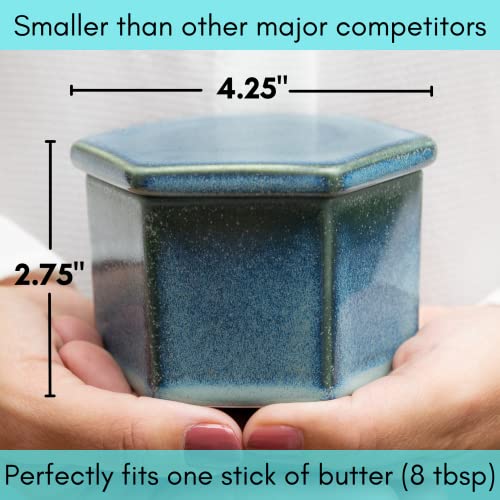 French Butter Crock w/Lid & Wood Spreading Knife - Blue Butter Keeper for Countertop - Modern Hexagon Shape Butter Keeper - Stoneware Butter Crock - Dishwasher, Oven & Microwave Safe Butter Storage