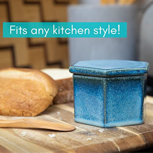 French Butter Crock w/Lid & Wood Spreading Knife - Blue Butter Keeper for Countertop - Modern Hexagon Shape Butter Keeper - Stoneware Butter Crock - Dishwasher, Oven & Microwave Safe Butter Storage