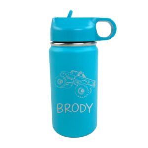 the crafty engineer personalized monster truck kids water bottle (teal)
