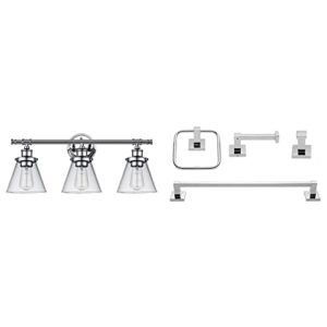 globe electric 51445 parker 3-light chrome vanity light fixture with clear glass shades + 51368 finn 4-piece polished chrome bathroom hardware accessory kit with towel bar, towel ring, robe hook