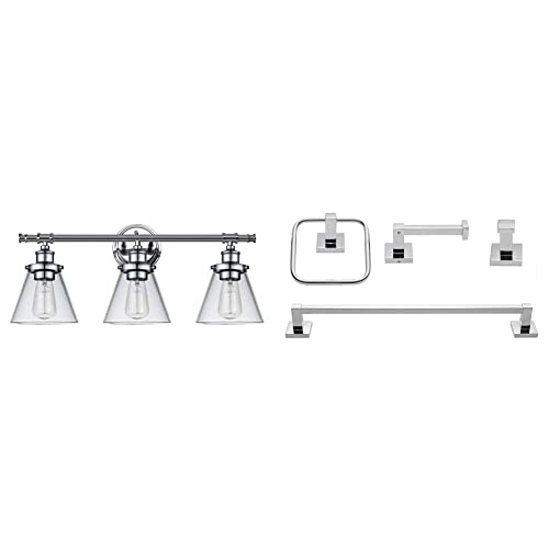 Globe Electric 51445 Parker 3-Light Chrome Vanity Light Fixture with Clear Glass Shades + 51368 Finn 4-Piece Polished Chrome Bathroom Hardware Accessory Kit with Towel Bar, Towel Ring, Robe Hook