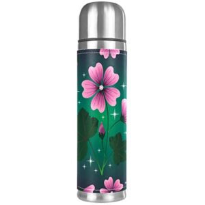 pink flower green leaves stainless steel water bottle leak-proof, double walled vacuum insulated flask thermos cup travel mug 17 oz