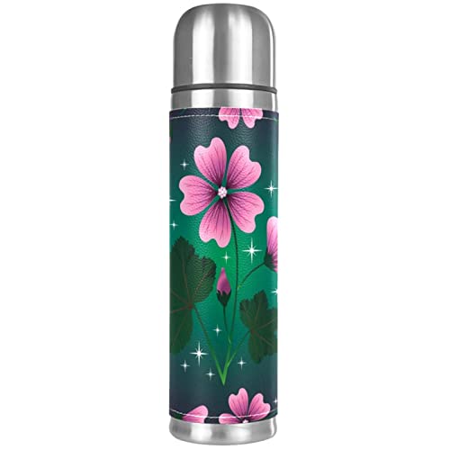 Pink Flower Green Leaves Stainless Steel Water Bottle Leak-Proof, Double Walled Vacuum Insulated Flask Thermos Cup Travel Mug 17 OZ