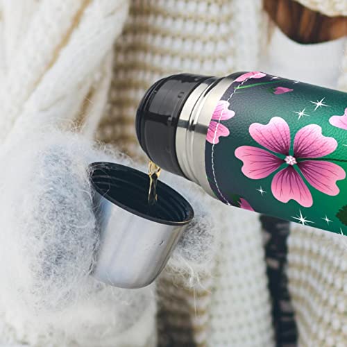 Pink Flower Green Leaves Stainless Steel Water Bottle Leak-Proof, Double Walled Vacuum Insulated Flask Thermos Cup Travel Mug 17 OZ