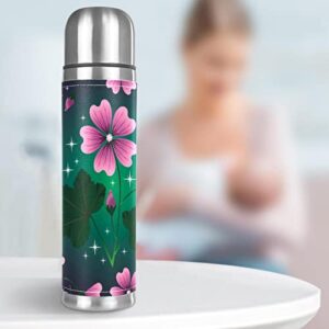 Pink Flower Green Leaves Stainless Steel Water Bottle Leak-Proof, Double Walled Vacuum Insulated Flask Thermos Cup Travel Mug 17 OZ