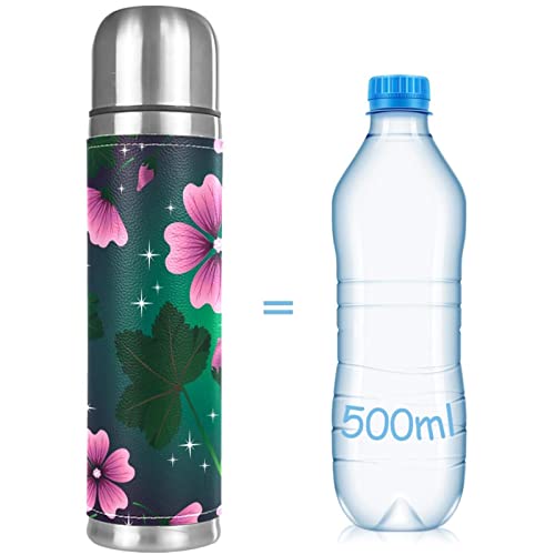 Pink Flower Green Leaves Stainless Steel Water Bottle Leak-Proof, Double Walled Vacuum Insulated Flask Thermos Cup Travel Mug 17 OZ