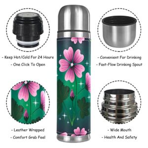 Pink Flower Green Leaves Stainless Steel Water Bottle Leak-Proof, Double Walled Vacuum Insulated Flask Thermos Cup Travel Mug 17 OZ