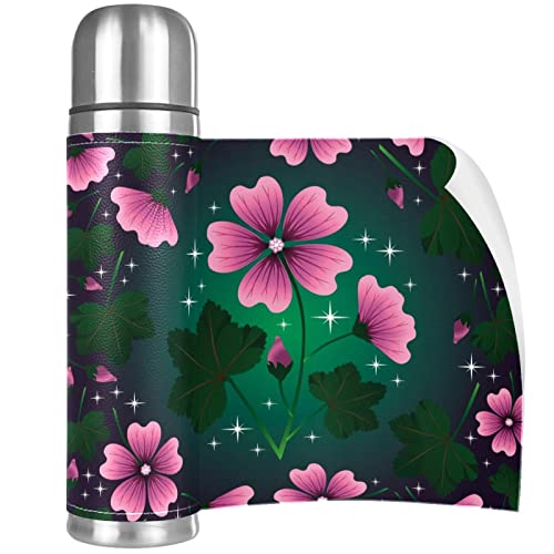 Pink Flower Green Leaves Stainless Steel Water Bottle Leak-Proof, Double Walled Vacuum Insulated Flask Thermos Cup Travel Mug 17 OZ