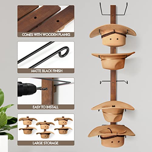 TIPSYTREE Cowboy Hat Rack,6 Pieces with Wooden Board, Metal , Wall Storage Hat Holder Organizer for Hat Collection Room Décor