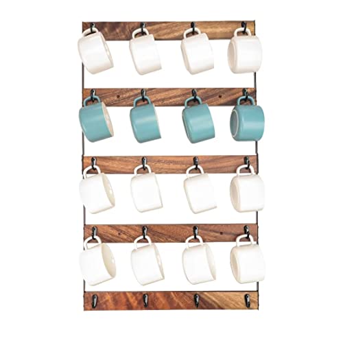 Aomomery Coffee Mug Rack,Rustic Coffee Mug Holder Wall Mount,Walnut Coffee Cup Holder with 20 Mug Organizer Hooks,Large 5-Tier Mug Display for Kitchen