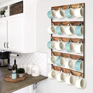 Aomomery Coffee Mug Rack,Rustic Coffee Mug Holder Wall Mount,Walnut Coffee Cup Holder with 20 Mug Organizer Hooks,Large 5-Tier Mug Display for Kitchen