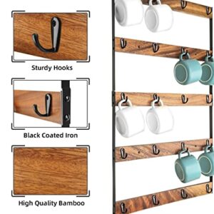 Aomomery Coffee Mug Rack,Rustic Coffee Mug Holder Wall Mount,Walnut Coffee Cup Holder with 20 Mug Organizer Hooks,Large 5-Tier Mug Display for Kitchen