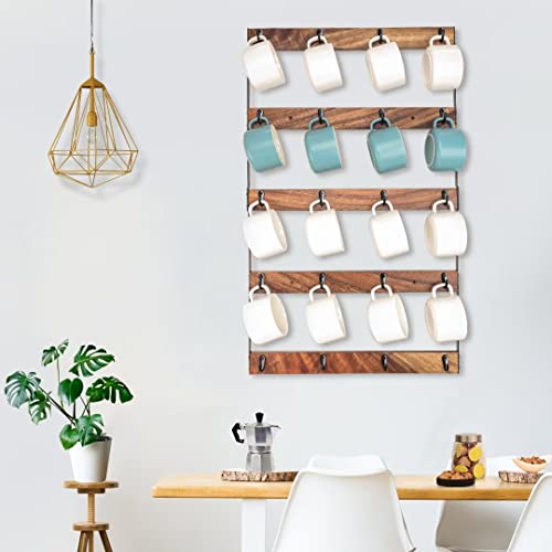 Aomomery Coffee Mug Rack,Rustic Coffee Mug Holder Wall Mount,Walnut Coffee Cup Holder with 20 Mug Organizer Hooks,Large 5-Tier Mug Display for Kitchen