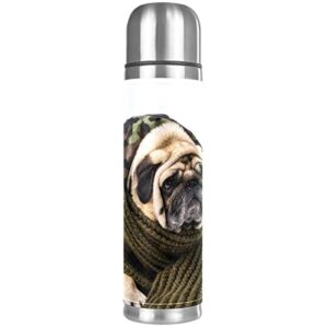 cute pug stainless steel coffee thermos, double walled insulated water bottle for outdoor sports, office, car (17 oz/500ml)