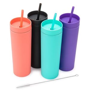 Earth Drinkware SKINNY TUMBLERS (4 pack) - Matte Pastel Colored Acrylic Tumblers with Lids and Straws | 16oz Double Wall Reusable Plastic Tumblers w Straw Cleaner INCLUDED | Blanks For Vinyl Projects