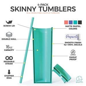 Earth Drinkware SKINNY TUMBLERS (4 pack) - Matte Pastel Colored Acrylic Tumblers with Lids and Straws | 16oz Double Wall Reusable Plastic Tumblers w Straw Cleaner INCLUDED | Blanks For Vinyl Projects