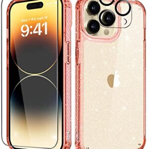 MIODIK for iPhone 14 Pro Max Case Clear Glitter, with Screen Protector + Camera Protector, [Military-Grade Protective] [Non-Yellowing] Slim Shockproof Women Cute Bumper Cover 6.7" 2022 (Sparkle Pink)