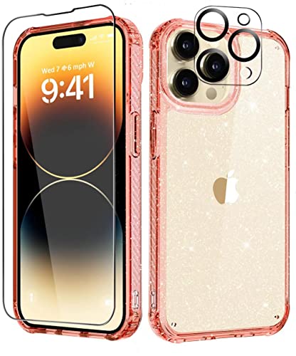 MIODIK for iPhone 14 Pro Max Case Clear Glitter, with Screen Protector + Camera Protector, [Military-Grade Protective] [Non-Yellowing] Slim Shockproof Women Cute Bumper Cover 6.7" 2022 (Sparkle Pink)