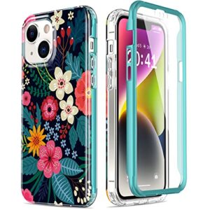 esdot for iphone 14 case with built-in screen protector,military grade rugged cover with fashionable designs for women girls,protective phone case 6.1" blooming flowers