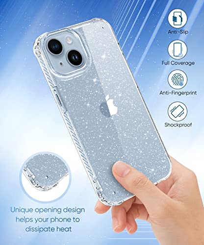 MIODIK iPhone 14 Plus Case with Screen Protector + Camera Lens Protector, [Non-Yellowing] Clear Glitter Protective Shockproof Phone Case for Women Girls, 6.7 Inch - Sparkle Clear