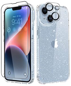 miodik iphone 14 plus case with screen protector + camera lens protector, [non-yellowing] clear glitter protective shockproof phone case for women girls, 6.7 inch - sparkle clear