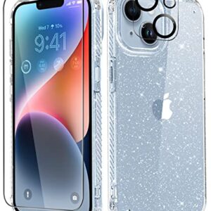 MIODIK iPhone 14 Plus Case with Screen Protector + Camera Lens Protector, [Non-Yellowing] Clear Glitter Protective Shockproof Phone Case for Women Girls, 6.7 Inch - Sparkle Clear