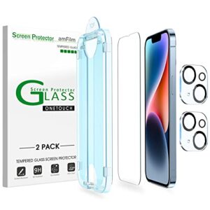 amfilm onetouch screen protector compatible with iphone 14 6.1" tempered glass and camera lens protector yellow iphone 14, edge to edge full coverage with easy installation kit, 2+2 pack
